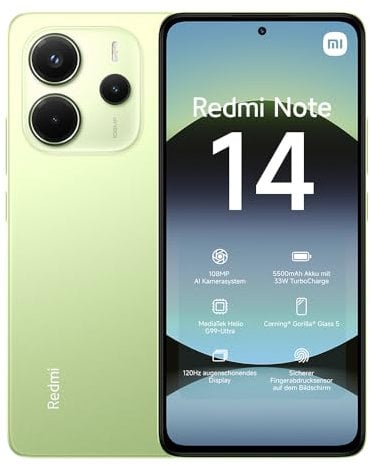 Xiaomi Redmi Note 14 Smartphone, 8 + 256GB, Green, 108MP AI-Kamerasystem, 5500mAh Akku, 120Hz Augenschutzdisplay, AI-Funktionen (kein Ladegerät enthalten)