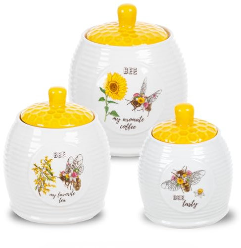 Prefdo Kitchen Storage Canisters Honey Bee & Flower Pattern Ceramic Tea Coffee Sugar Storage Canister Jar with Airtight Lid for Home Modern Kitchen, Set of 3 Canisters