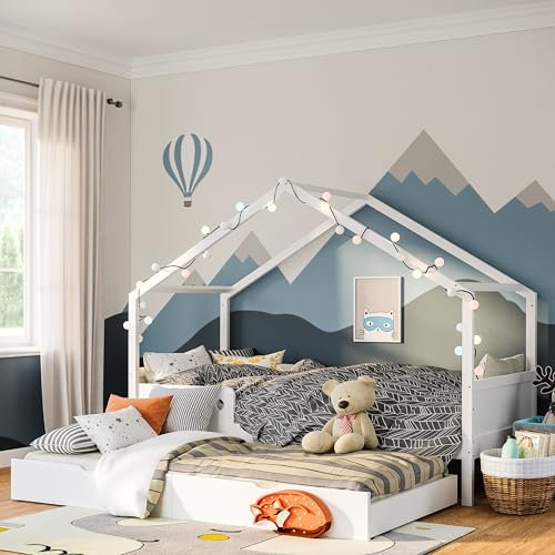 Bellabino Bela Kinderbett 90x200 cm – Hausbett mit Matratze, Rausfallschutz & Lattenrost – Kinder Bett mit Gästebett für Jungen und Mädchen – Montessori Kinderhausbett aus Holz in Weiß