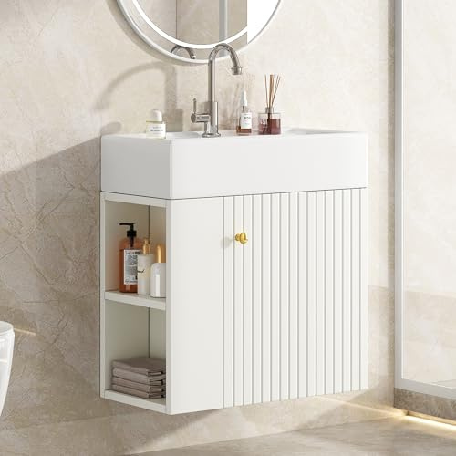 BTM Badmöbel Waschbecken mit Unterschrank 55 cm, Einsatz Waschtischunterschrank Hängend, Kleines Gäste WC Möbel mit Tür und Offener Stauraum, Weiß