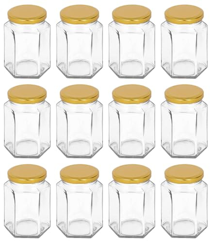 Argon Tableware 250ml Hexagonal Glass Jam Jars with Gold Lids - 12x Empty Screw Top Kitchen Food Honey Spice Chutney Preserving Canning Storage Jar Container Glasses Set