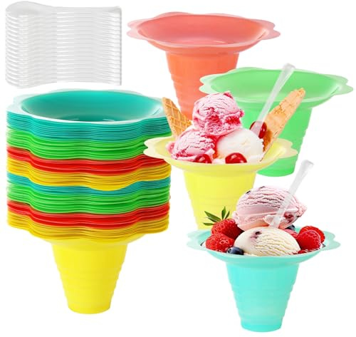 ZUQIAN 200 Pack 8 Oz Colorful Snow Cone Cups with Spoons, Flower Shaped Ice Drip Cups, Plastic Snack Ice Cream Bowls for Birthday Party Summer Beach Cookout Food Service
