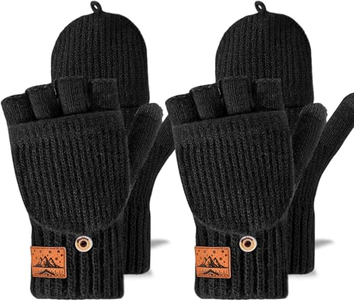 CHENMEI Fingerlose Handschuhe Herren und Damen - Halbfingerhandschuhe mit Kappe,Winter Flip Handschuhe mit Berührung,Fäustlinge mit Alpakawolle,Winterhandschuhe für Damen Herren