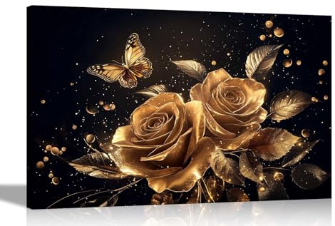 Artley Prints - Abstract golden roses and butterflies Canvas Pictures for Wall in Living Room, Bedroom, Hallway, Kitchen Abstract 60 x 40cm (24 x 16 inches) A2