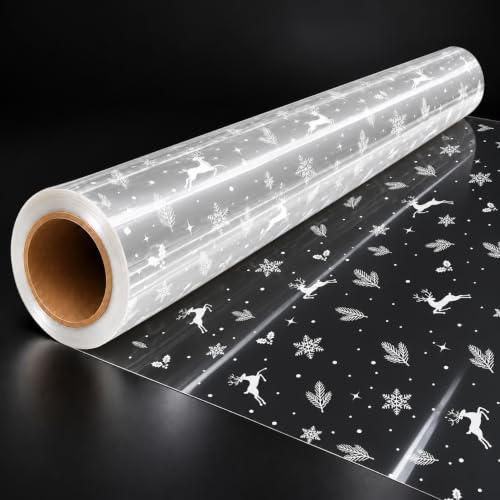 Christmas Deer & Pine Cellophane Wrap Roll 88cm x 30m, 3Mil Clear Gift Wrapping Film for Hampers, Baskets, Bouquets, Winter Holiday Packaging (35 fold into 17.5)