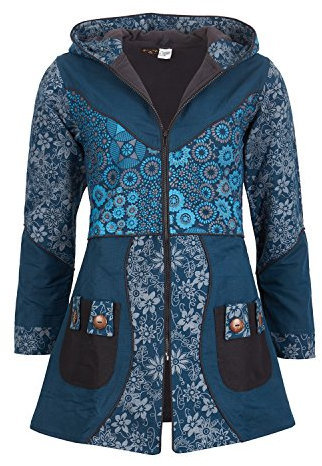 Kunst und Magie Damenmantel mit Kapuze Blumenmuster Jacke Baumwolle, Farbe:Petrol, Größe Damen:34 (XS)