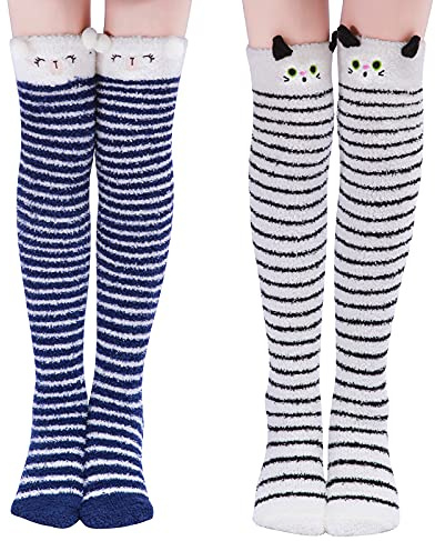 LittleForBig Cute Animal Coral Fleece Thigh High Long Striped Socks 2 Pairs-Blue/Black
