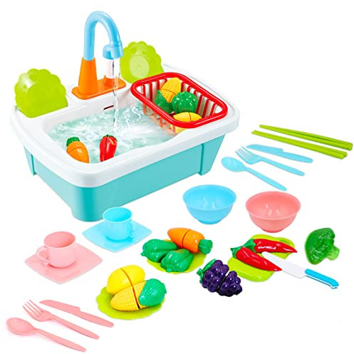 deAO 28pcs Juego de Fregadero de Cocina con Simulación de Lavar Incluye Juguetes para Cortar, Utensilios de Cocina, Grifo de Agua y Desagüe - Ideal para niños y niñas