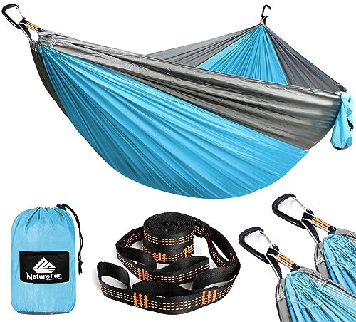 NATUREFUN Ultraleichte Reise Camping Hängematte | 300kg Tragkraft (300 x 200 cm) Atmungsaktiv, Schnelltrocknendes Fallschirm Nylon | 2 x Premium Karabiner, 2 x Nylon-Schlingen Inbegriffen | Draußen