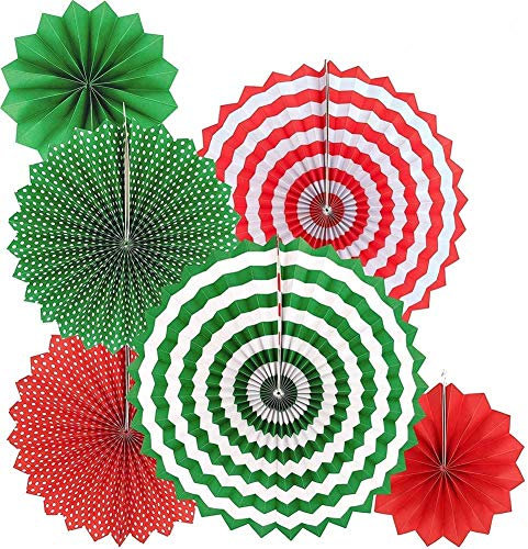 Dusenly 6 Pcs Merry Christmas Party Hanging Paper Fans Decorations (Red & Green) Xmas Santa Party Ceiling Hangings for Christmas Birthday Wedding Accessories