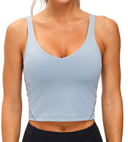 THE GYM PEOPLE Womens' Sports Bra Longline Wirefree Padded with Medium Support Denim Blue