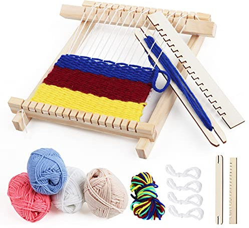 Homewit Weben für Kinder Set, DIY Holz Webrahmen Set 22 x 17cm Bespannen von Webrahmen, Holz Kinder-Webrahmen mit Farbige Wolle, Kettgarn und Zubehör, Webrahmen aus Holz Idea für Anfänger, Kinder