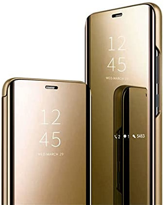 Jacyren Kompatibel Samsung Galaxy S7 Edge Hülle, Leder Flip Case Spiegel Handyhülle S7 Schutzhülle 360°Hard PC Transluzent View Miroir Stoßfest Cover Ständer Funktion Tasche Etui (S7 Edge, Gold)