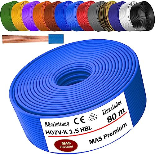 MAS Premium Von 5 bis 100m Aderleitung H07 V-K 1x1,5 mm² SW, HBL, GNGE, GN, RT, DBL, BR, OR, GR, WS, VIO, U-MAR.BL oder GE Einzelader flexibel (Hellblau, 80m)