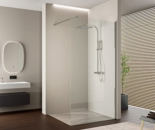 Duschabtrennung mit Nanobeschichtung, Walk-In EX103, Duschtrennwand 10 mm Super White Glas, Duschwand optional mit LED-Beleuchtung, 1400mm, Stabilisationsstange:rund, Chrom hochglanz