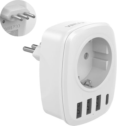 VINTAR Adapter Italien Steckdose, 5 in1 Reiseadapter Italien, mit 3 USB Anschlüssen und 1 USB C Anschluss, passend für Reiseadapter in Italien, Malediven, Chile, Uruguay, weiß, TYPL
