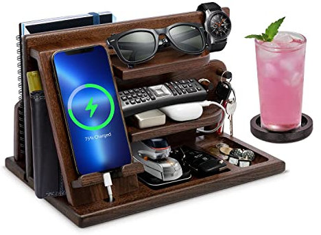 Geschenke für Männer Nachttisch Organizer Holz Telefon Dockingstation Geschenk Papa Geburtstagsgeschenk für Männer Handy-Dockingstation Holz Handy & Schlüssel Organizer Geschenk Mann Weihnachten