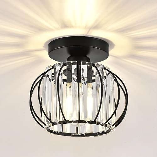 ZYDTRIP Crystals Ceiling Light Fixtures Chandelier, Small Semi Flush Mount Ceiling Light Fitting for Hallway Entrance Kitchen Bedroom Dining Rooms Living Rooms Bar (Black)