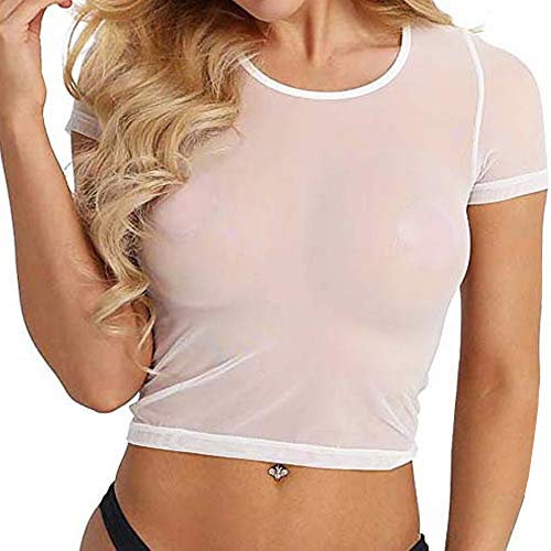 Allchic Womens Short Sleeve Sheer Mesh Tops Sexy See Through Tee Blouse Clubwears, Crop Tops White, M