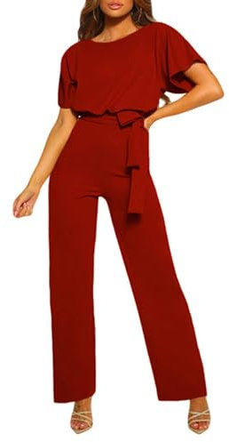Coloody Femmes Combinaison Manches Courtes Barboteuse Jumpsuit Élégant Pantalon Loose Casual Combishort avec Ceinture Red XL
