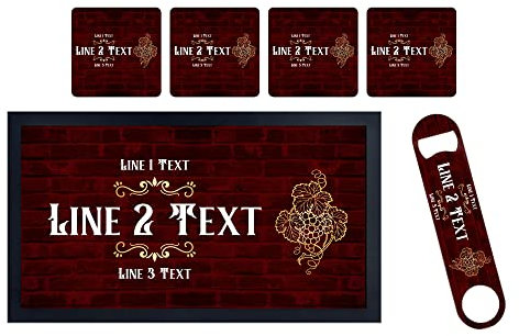 ShopQuality4U Personalise Cocktail Bar Runner Mat, Matching Bottle Opener & 4x Drinks Coasters, Gift Set | Beer Gifts Home Bar Accessories for Pub Bars Man Cave Him Her Gin Oclock