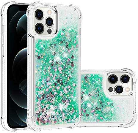 IMIRST Silicone Phone Case for Apple iPhone 12 Pro Max, Corner Airbag Fall Protection Bling Glitter Quicksand Liquid Sparkle TPU Case Cover for Apple iPhone 12 Pro Max. YBW Love Green