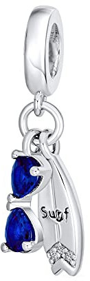 Fun Sportarten Blau CZ .925 Sterling Silber Hängender Reise Strand Urlaub Sonnenbrille Skate Surfbrett Perlenanhänger Für Frauen Teenager Passt Europäisches Charm Armband