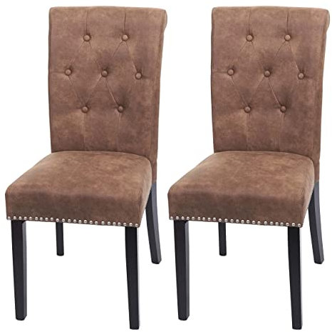 Mendler 2er-Set Esszimmerstuhl Chesterfield II, Stuhl Küchenstuhl, Nieten - Stoff/Textil braun, dunkle Beine