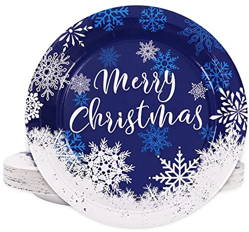 Whaline Christmas Paper Plates White Blue Snowflake Round Disposable Plates 9 Inch Merry Christmas Decorative Tableware for Christmas Winter Holiday Dinner Birthday Party Supplies, 24Pcs