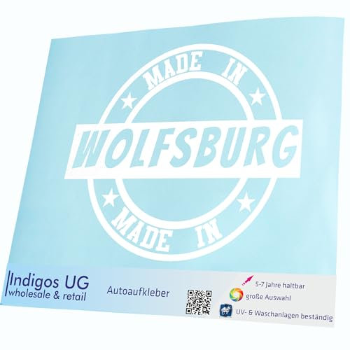 INDIGOS UG Aufkleber - Autoaufkleber - JDM - Die Cut - Made in Wolfsburg - 200x166mm weiß - Heckscheibe - Heckscheibenaufkleber - Sticker Tuning Boot Auto Laptop LKW