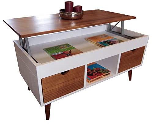 LoMasCasa - Hochklappbarer Couchtisch Beistelltisch Modell Karla 15 mit 2 verschiebbaren Schubladen, Mittelhohl, natürliches Kiefernholz, Weiß und Nussbaum, konische Beine. Maße 100 x 50 x 47 cm
