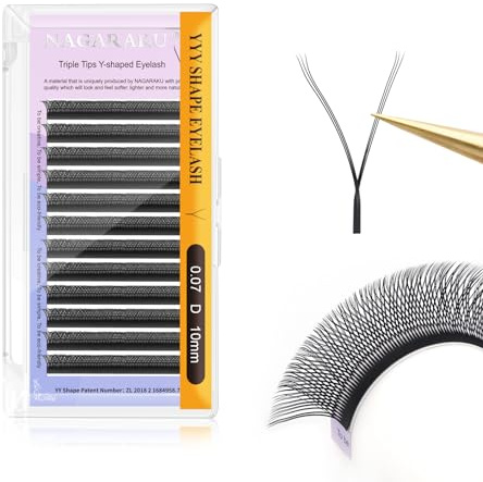 NAGARAKU YYY Cils 3 Tips Triple YY Lashes 6D Y Lash Tissés en Croix à la Main Bouquet de Cils Volume Russe Faux Cils Naturel Préfait Ventilateur Wispies Cluster Eyelash Noir 12 Rows(0.07 D 10mm)