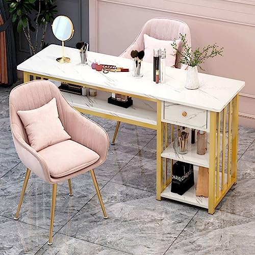 Mesa de Manicura de Doble Capa con Estampado de Mármol Blanco, Diseño de Almacenaje de Armario Lateral, Estuche Largo Decorativo, Banco de Trabajo para Técnicos de Uñas ( Color : Style 2 , Size : 100x