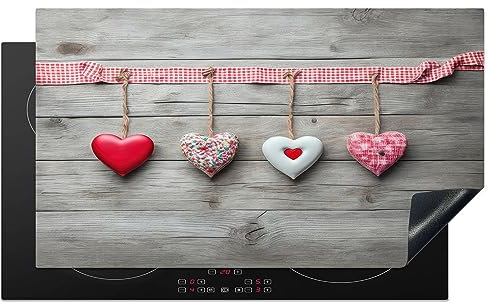 KitchenYeah© Herdabdeckplatte Einteilig Ceranfeld Abdeckplatte für Induktionsschutz Ceranfeldabdeckung Vinyl Herdabdeckplatten Herz - Rot - Rosa - Holz - Liebe - 90x52 cm