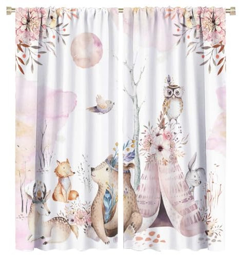 SHElifestyle Kinder Waldtier-Vorhänge, Rosa, Aquarell, Waldtiere, Fensterbehandlungen, Fuchs, Hirsch, Eule, Wildtiere, Safari, Dschungel, Bär, Fenstervorhänge für Mädchen, Kinderzimmer, Schlafzimmer,
