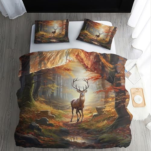 ZDABAOEC Bettwäsche Hirsch 140x200, Waldtiere Hirschmotiv Wendebettwäsche, Weiche Kuschelige Microfaser Bettbezug 2er Set, 1 Kopfkissenbezug 70x90, mit Reißverschluss