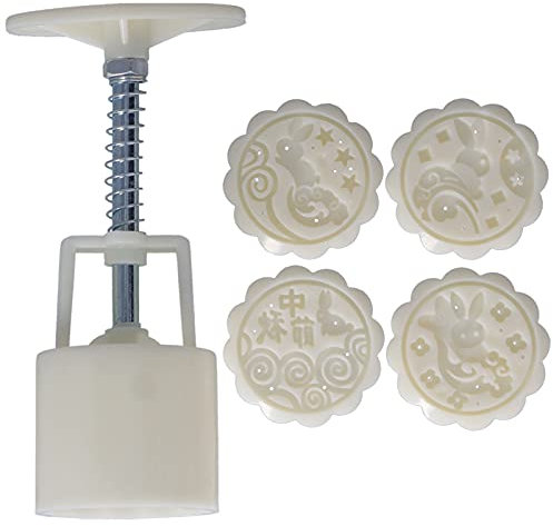 Backform, 50 g, Handpresse, Mondkuchenform, Dessert, Kekse, Backwerkzeug mit 4 runden Stempeln für die Küche (niedliches Kaninchenmuster)