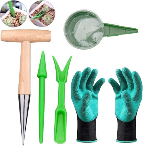 Set di attrezzi da giardino da 5 pezzi, bulbi da fiore per piantare strumenti e guanti in legno, piantare legno, piantare strumento per fioriera da giardino in legno
