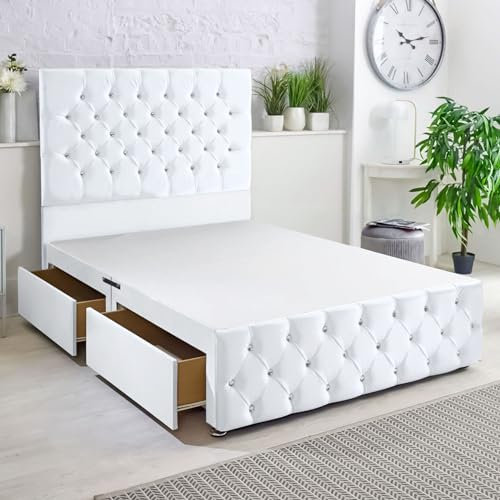 ComfoRest - Deluxe 4FT6 Leather Chesterfield Divan Bed WITHOUT MATTRESS | Small Double Frame with 4 Storage Drawers | Sturdy Base for Modern Bedrooms (White Leather)