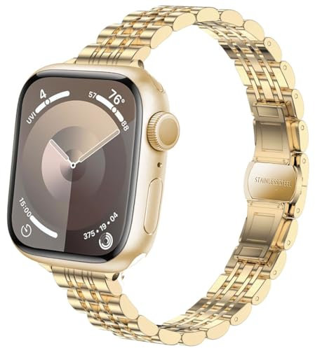 DEALELE Strap Compatible with Apple Watch 41mm 40mm 38mm, Slim 7-Bead Stainless Steel Metal Replacement Bands for iWatch Series 9/8 / 7/6 / 5/4 / 3 / SE Women Men (Silver-gold)