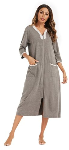 Alunsito Vestaglia da Donna con Zip Frontale Manica a 3/4 Camicia da Notte Floreale Indumenti da Notte Abito da Salotto a Figura Intera da Donna con Tasche