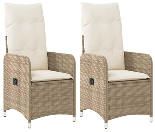vidaXL Gartensessel mit Kissen 2 STK., Verstellbar Gartenstuhl mit Stahlrahmen, Loungesessel für Außenbereich, Relaxsessel Sthulset, Beige Poly Rattan