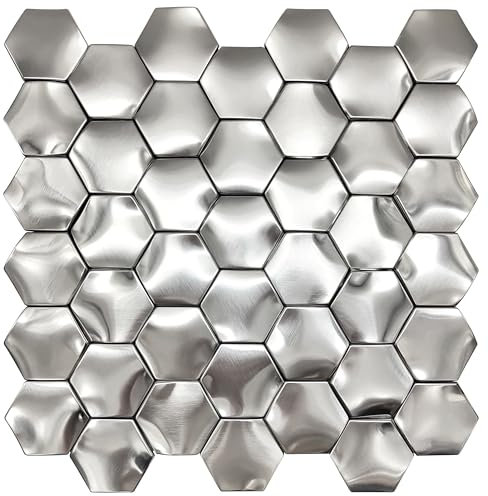 Elephantile 3D Wall Panels Kitchen Backsplash Tile Silver Metal Hexagon Mosaic Accent Wall Tiles [Set of 5]