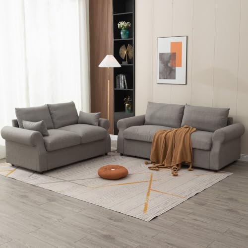 Panana Fabric Sofas, 2 Seater and 3 Seater with Under Storage Compartment For Small Space Living Room (Light Grey Linen Fabric, 2 and 3Seater Set)