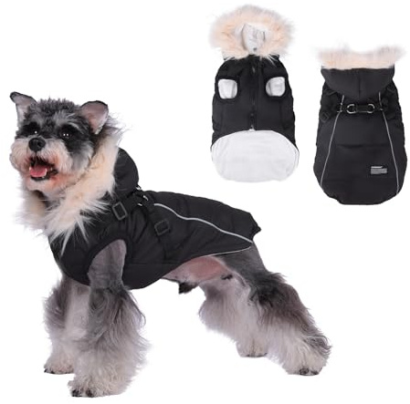 TOPSOSO Cappotto invernale per cani con pettorina, giacca imbottita con cappuccio con doppi anelli a D, mantello per cani con strisce riflettenti, giacca invernale per cani con cerniera per cani di