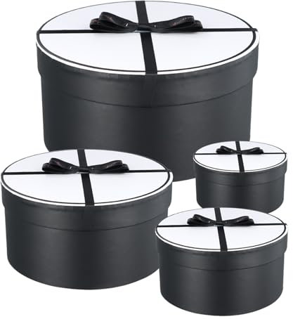 PTJJXA Geschenkbox Rund 4er-Set, Geschenkbox mit Deckel, Rund Geschenkschachtel, Runde Pappschachteln Schwarz Weiß für Geburtstag, Hochzeit