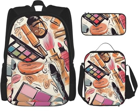 Dwrepo 3-teiliges Rucksack-Set mit Lunch-Tasche, Stiftebox, Kosmetik- und Make-up-Themenmuster, Reiserucksack, große Kapazität, Laptop-Rucksack für Männer und Frauen, lässige Tagesrucksäcke, Lunchbox,