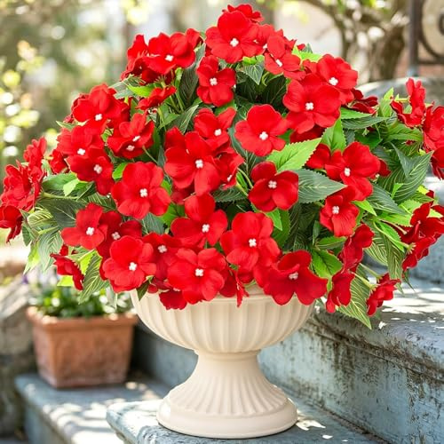 Hobyhoon Künstliche Impatiens,Künstliche Blumen Für Draußen Künstliche Balkonpflanzen,Geranien Künstlich Impatiens Blumen für Draußen,Künstliche Pflanzen Outdoor(2,Rot)