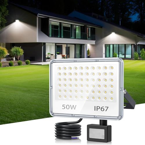 TASINUO Projecteur LED Exterieur Detecteur de Mouvement 50W, Spot LED Extérieur Detecteur de Mouvement 5000LM 6500K, IP67 Etanche Éclairage de Sécurité pour Jardin, Patio, Garage, Entrée