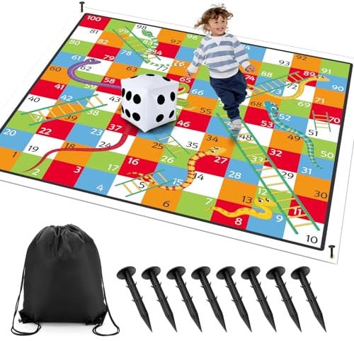 Realspring 9.8 ft Giant Snakes and Ladders Game Playing Mat with 6 Nails 14 Inch Inflatable Dice and Storage Bag Floor Snake and Ladder Board Game Big Size for Both Indoor and Outside